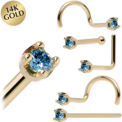Solid 14KT Yellow Gold (September) 1.5mm Genuine Blue Diamond Nose Ring