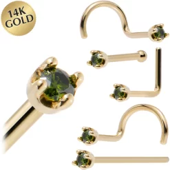 Solid 14KT Yellow Gold (May) 1.5mm Genuine Green Diamond Nose Ring
