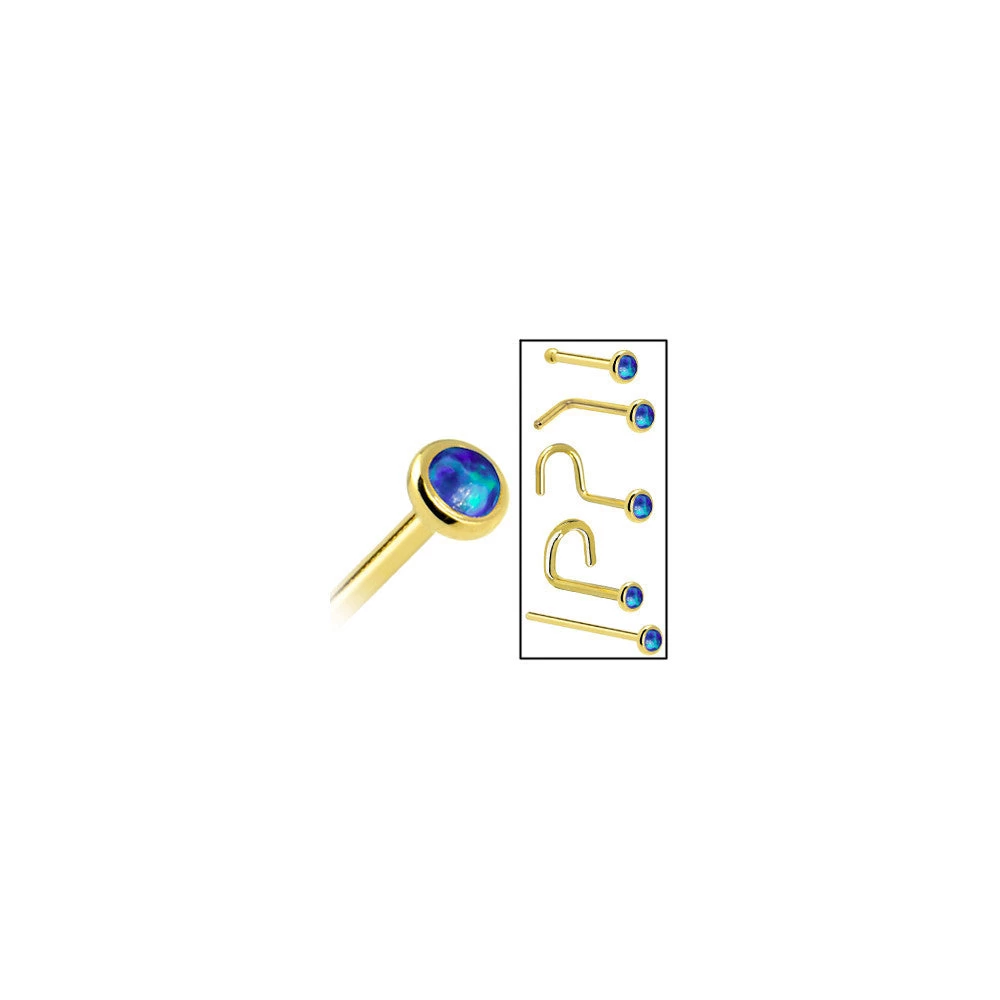 Solid 14KT Yellow Gold 2mm Dark Blue Synthetic Opal Nose Ring 7 Solid 14KT Yellow Gold 2mm Dark Blue Synthetic Opal Nose Ring - Image 7