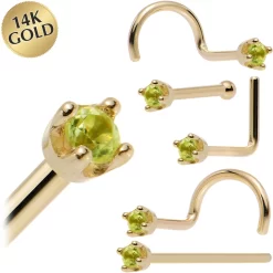 Solid 14KT Yellow Gold (August) 1.5mm Genuine Peridot Nose Ring