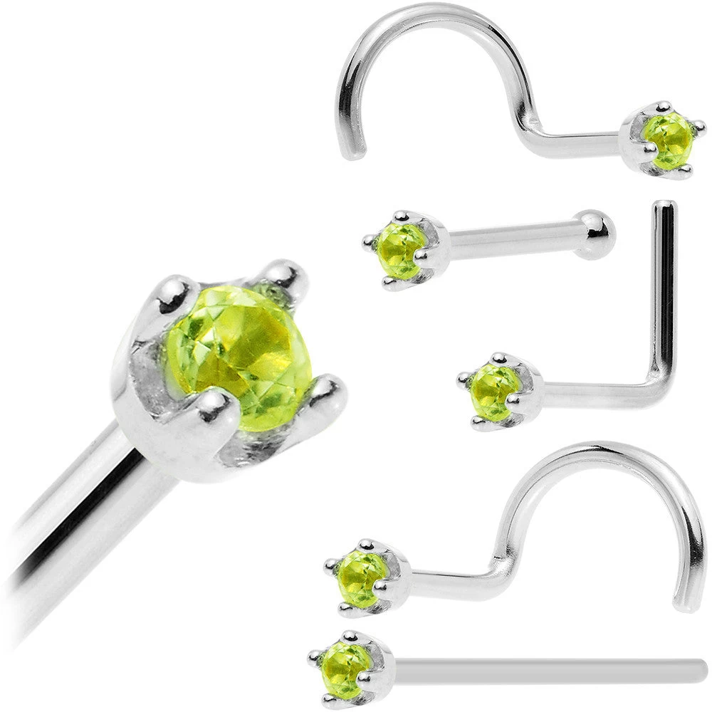 Solid 14KT White Gold (August) 1.5mm Genuine Peridot Nose Ring 17 Solid 14KT White Gold (August) 1.5mm Genuine Peridot Nose Ring - Image 17