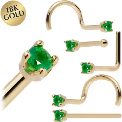 Solid 18KT Yellow Gold (May) 1.5mm Genuine Emerald Nose Ring