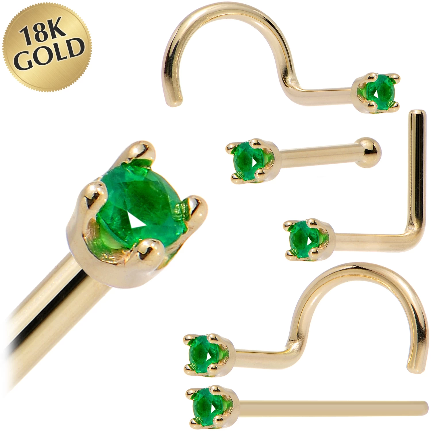 Solid 18KT Yellow Gold (May) 1.5mm Genuine Emerald Nose Ring 1 Solid 18KT Yellow Gold (May) 1.5mm Genuine Emerald Nose Ring