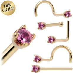 Solid 18KT Yellow Gold 1.5mm Genuine Pink Sapphire Nose Ring
