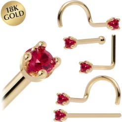 Solid 18KT Yellow Gold 1.5mm Diamond Cut Genuine Ruby Nose Ring