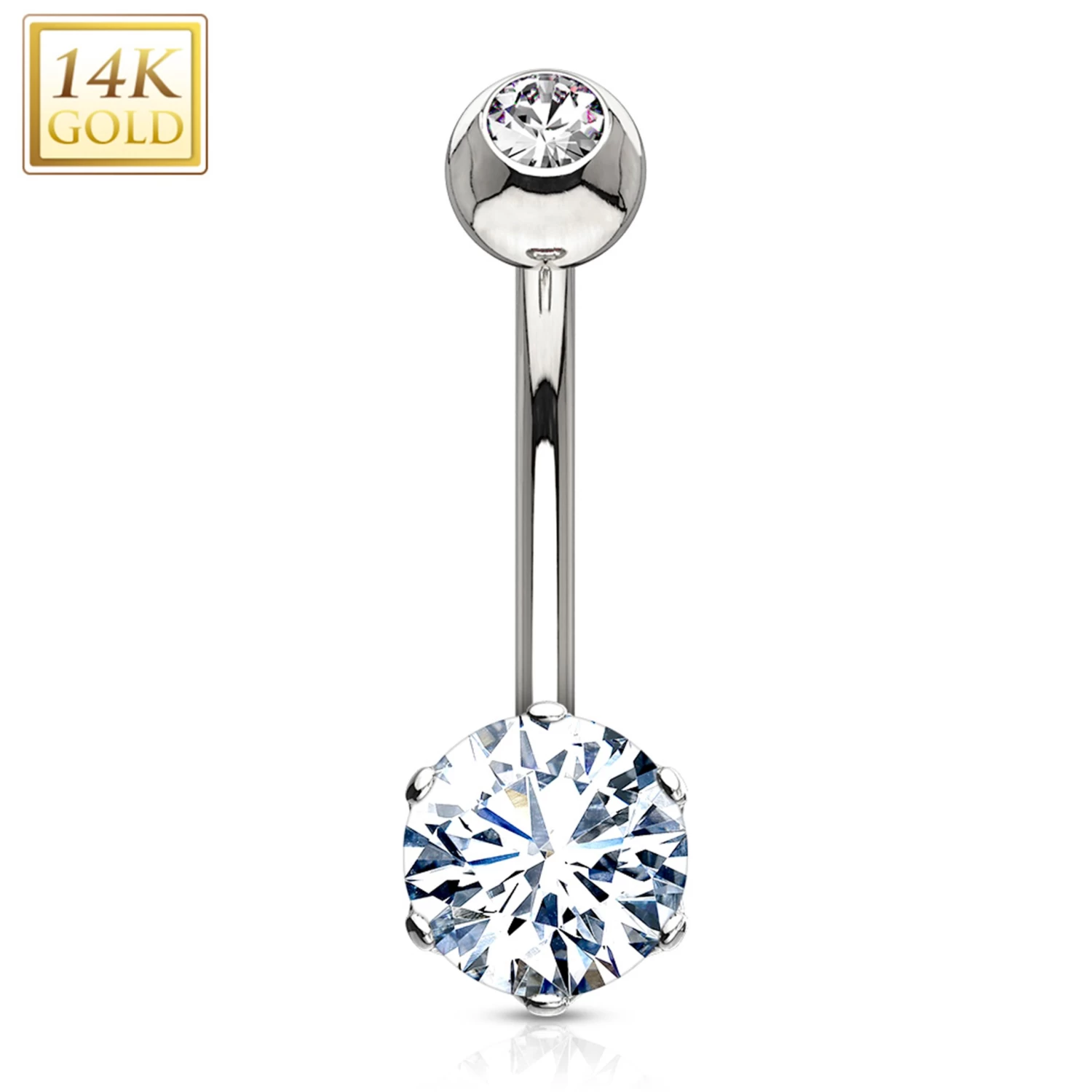 14kt Solid White Gold 6-Prong Set 6mm CZ Belly Ring 1 14kt Solid White Gold 6-Prong Set 6mm CZ Belly Ring
