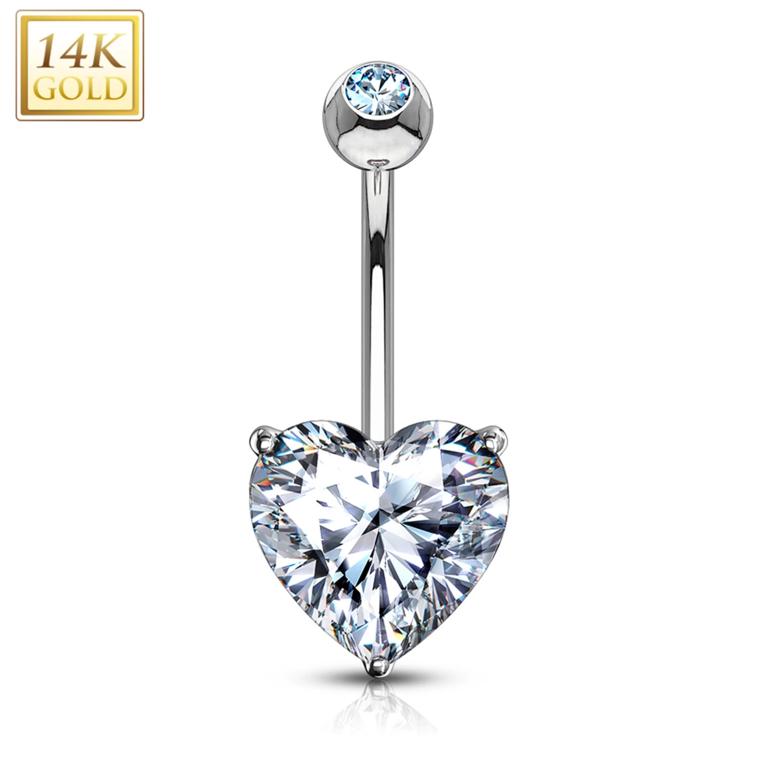 14kt Solid White Gold Prong Set Clear 6mm CZ Heart Belly Ring 1 14kt Solid White Gold Prong Set Clear 6mm CZ Heart Belly Ring