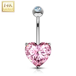 14kt Solid White Gold Prong Set Pink 6mm CZ Heart Belly Ring