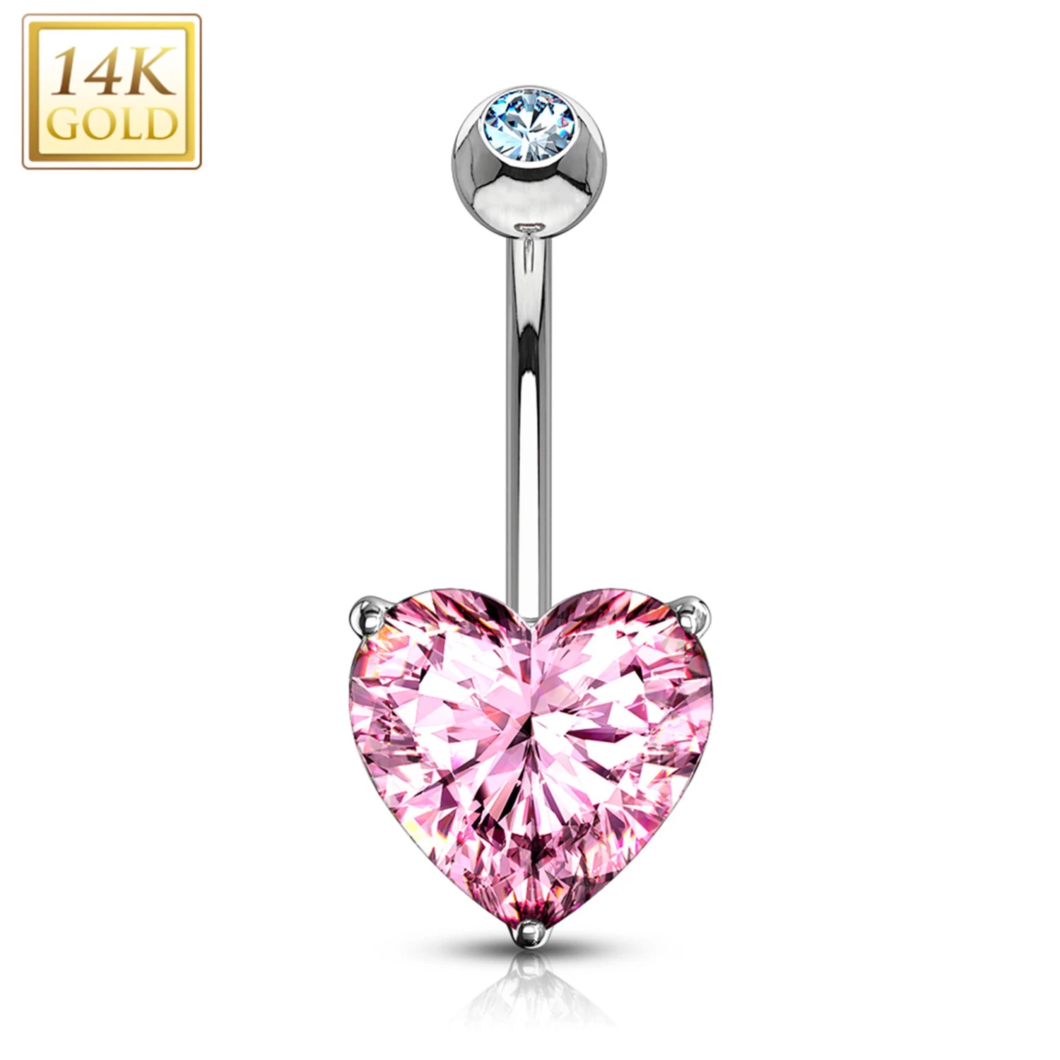 14kt Solid White Gold Prong Set Pink 6mm CZ Heart Belly Ring 1 14kt Solid White Gold Prong Set Pink 6mm CZ Heart Belly Ring
