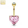 14kt Solid Yellow Gold Prong Set Pink 6mm CZ Heart Belly Ring