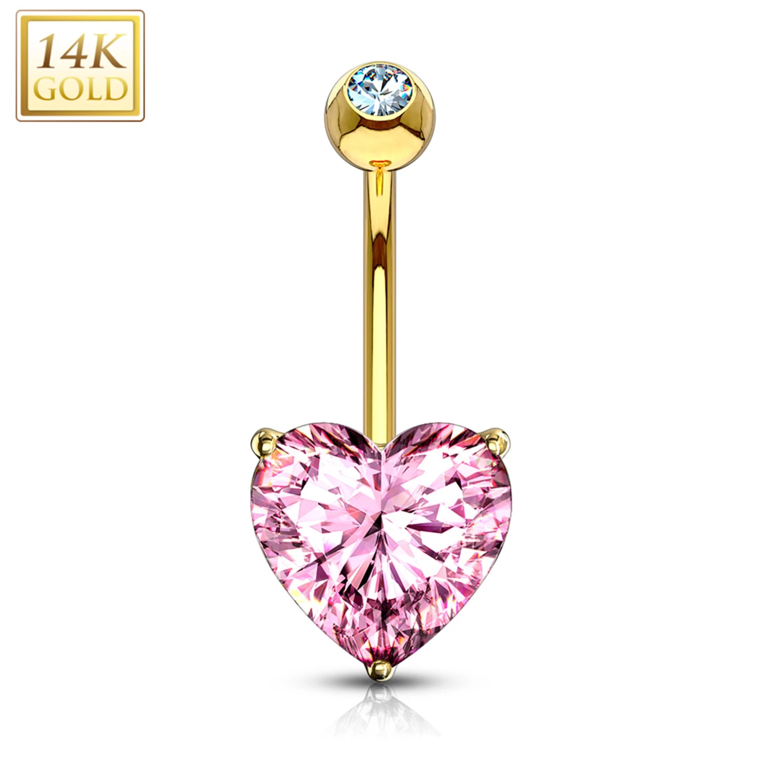 14kt Solid Yellow Gold Prong Set Pink 6mm CZ Heart Belly Ring 1 14kt Solid Yellow Gold Prong Set Pink 6mm CZ Heart Belly Ring