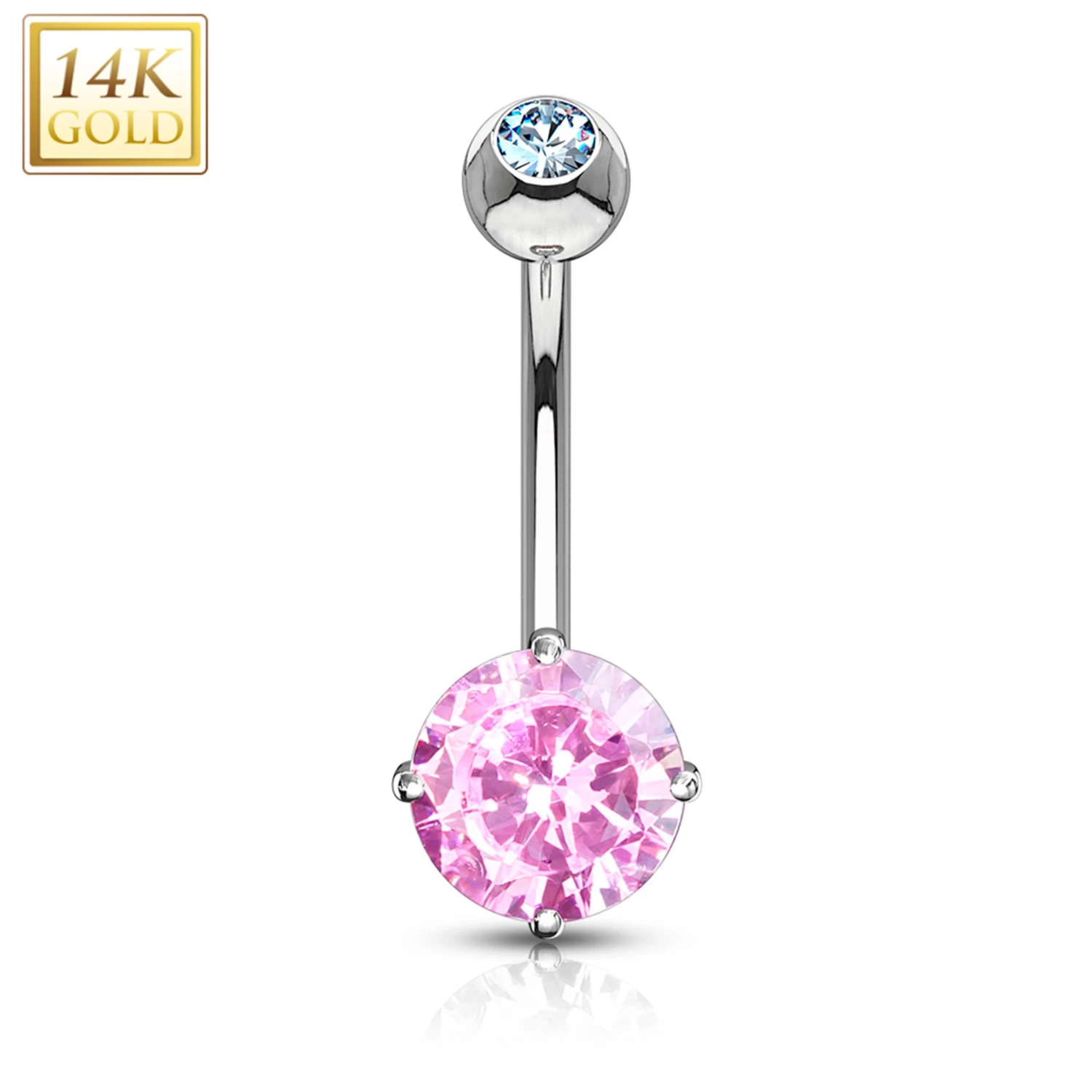 14kt Solid White Gold 4-Prong Set Pink 6mm CZ Belly Ring 1 14kt Solid White Gold 4-Prong Set Pink 6mm CZ Belly Ring