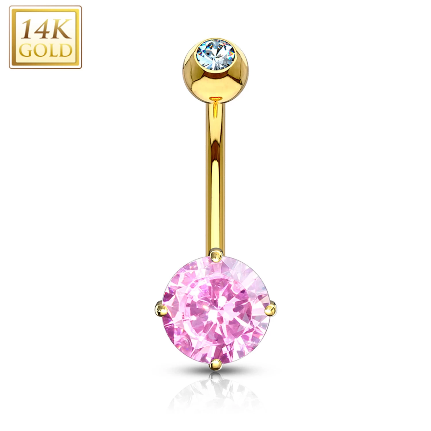 14kt Solid Yellow Gold 4-Prong Set Pink 6mm CZ Belly Ring 1 14kt Solid Yellow Gold 4-Prong Set Pink 6mm CZ Belly Ring
