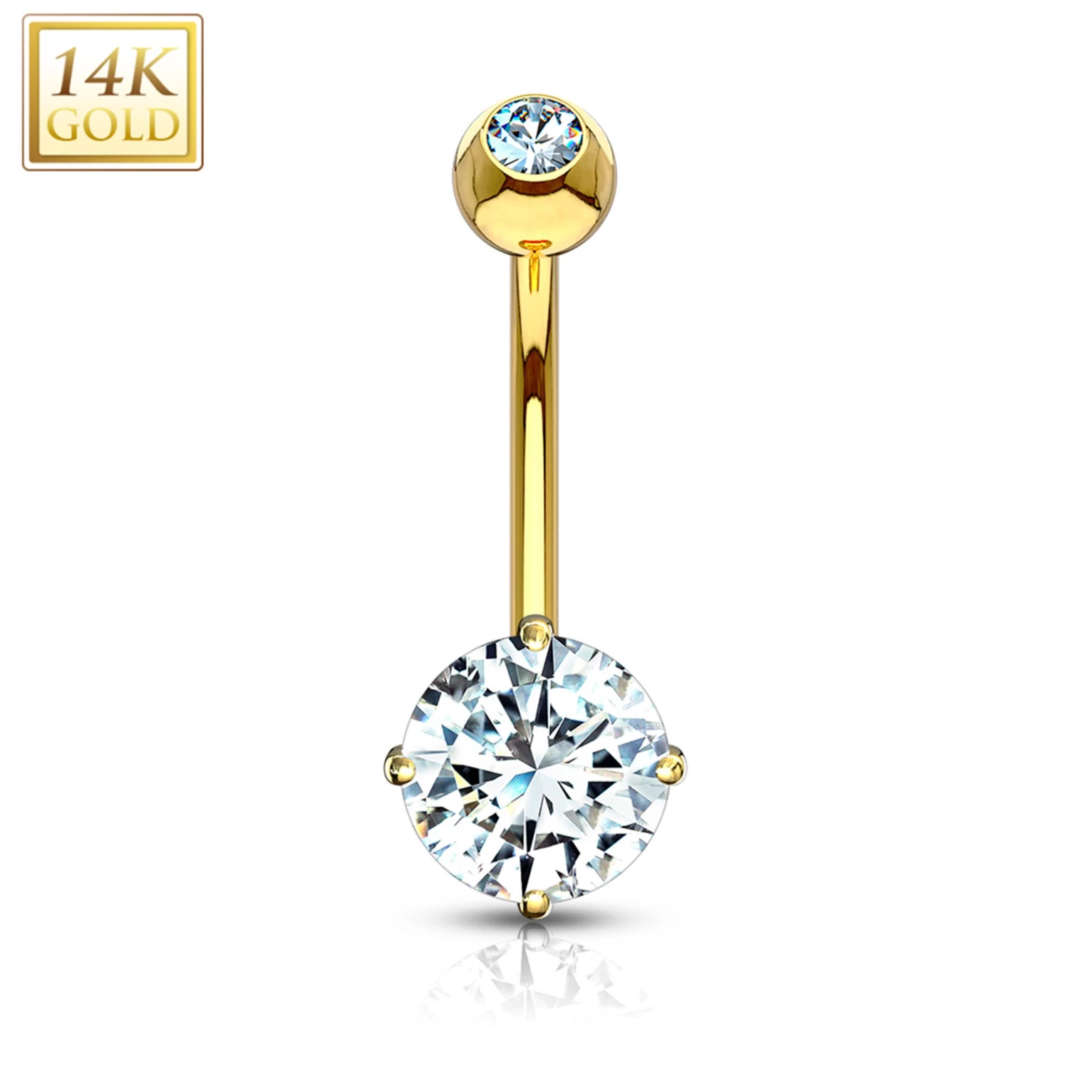 14kt Solid Yellow Gold 4-Prong Set 8mm CZ Belly Ring 1 14kt Solid Yellow Gold 4-Prong Set 8mm CZ Belly Ring