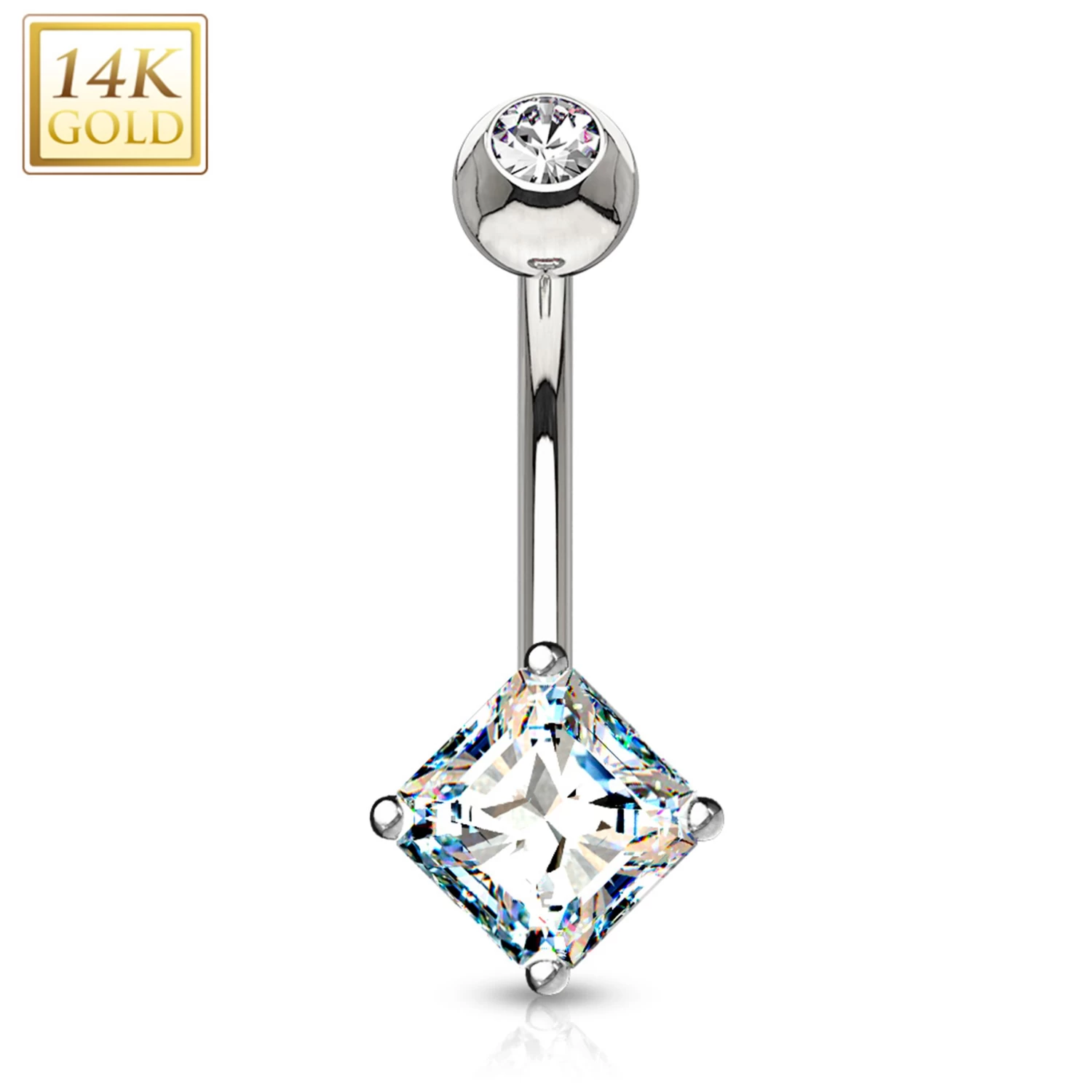 14k Solid White Gold Prong Set 5mm Princess Cut CZ Belly Ring 1 14k Solid White Gold Prong Set 5mm Princess Cut CZ Belly Ring