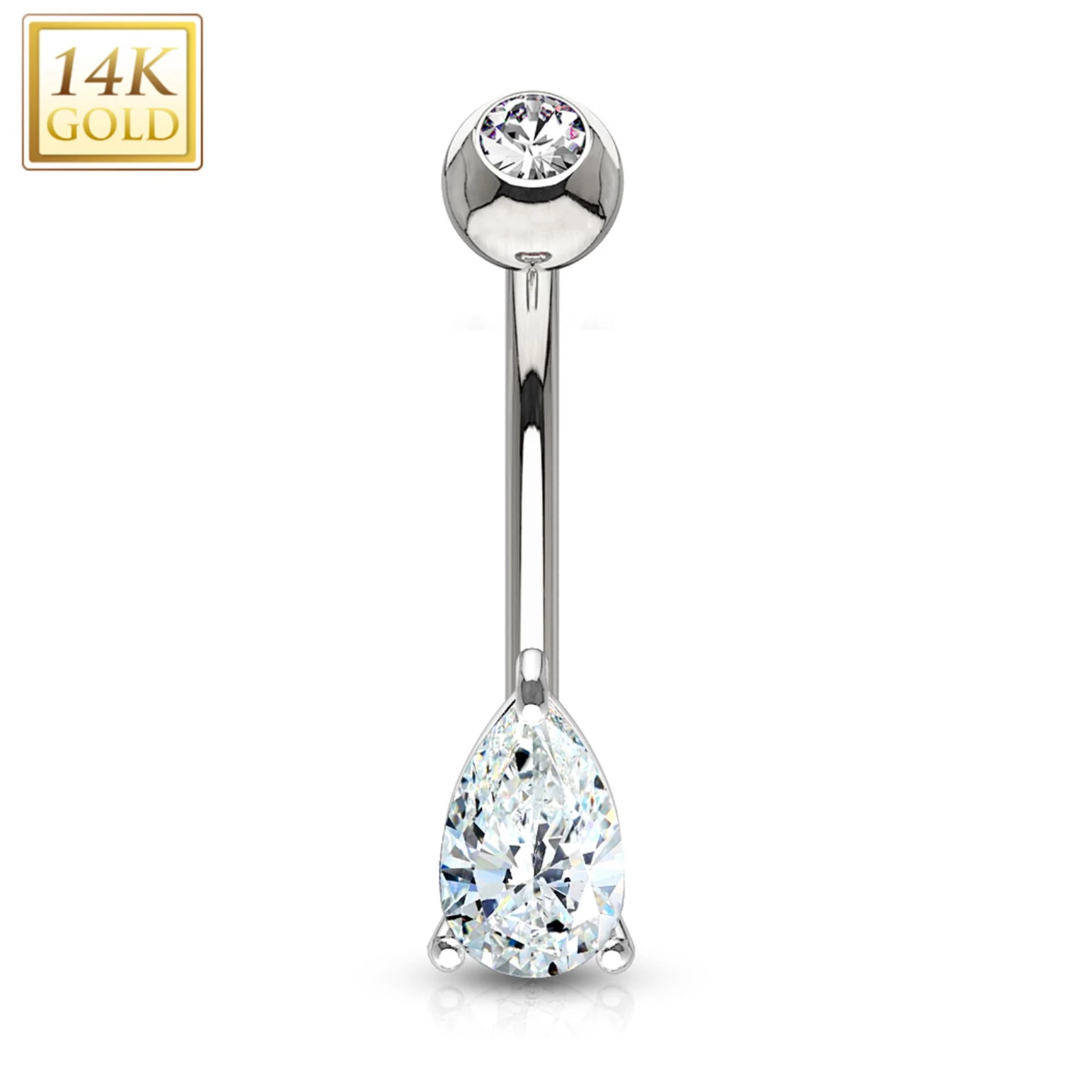 14kt Solid White Gold 6mm CZ Deluxe Tear Drop Belly Ring 1 14kt Solid White Gold 6mm CZ Deluxe Tear Drop Belly Ring
