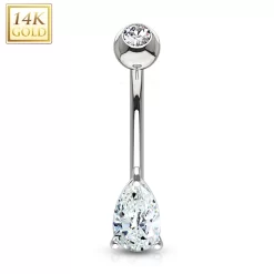 14kt Solid White Gold 9mm CZ Deluxe Tear Drop Belly Ring