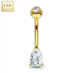 14kt Solid Yellow Gold 9mm CZ Deluxe Tear Drop Belly Ring
