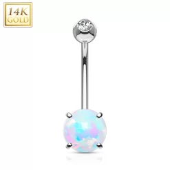 14kt Solid White Gold Regal CZ 6mm Synthetic Opal Belly Ring