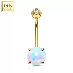 14kt Solid Yellow Gold Regal CZ 6mm Synthetic Opal Belly Ring