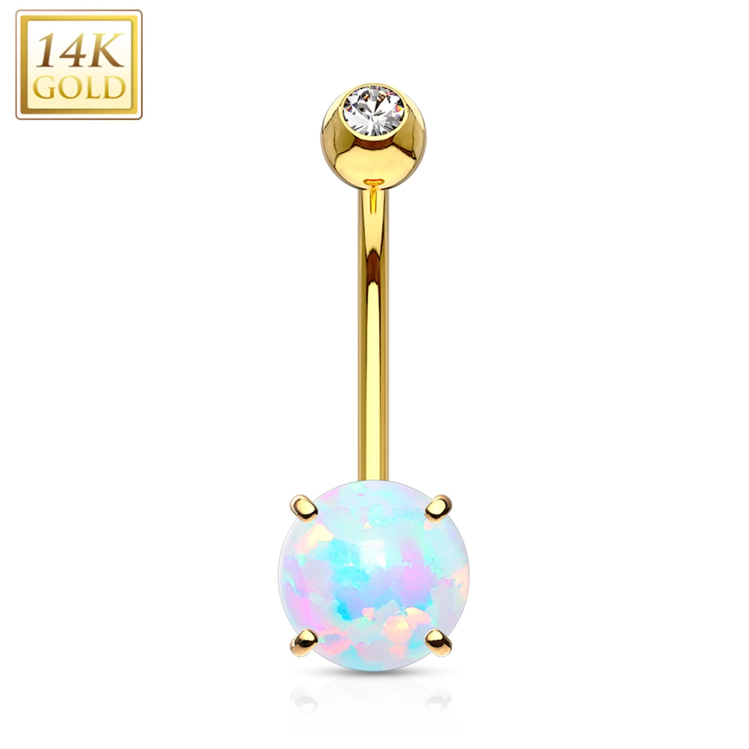 14kt Solid Yellow Gold Regal CZ 6mm Synthetic Opal Belly Ring 1 14kt Solid Yellow Gold Regal CZ 6mm Synthetic Opal Belly Ring