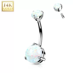 14kt Solid White Gold Double Prong Set Synthetic Opal Belly Ring