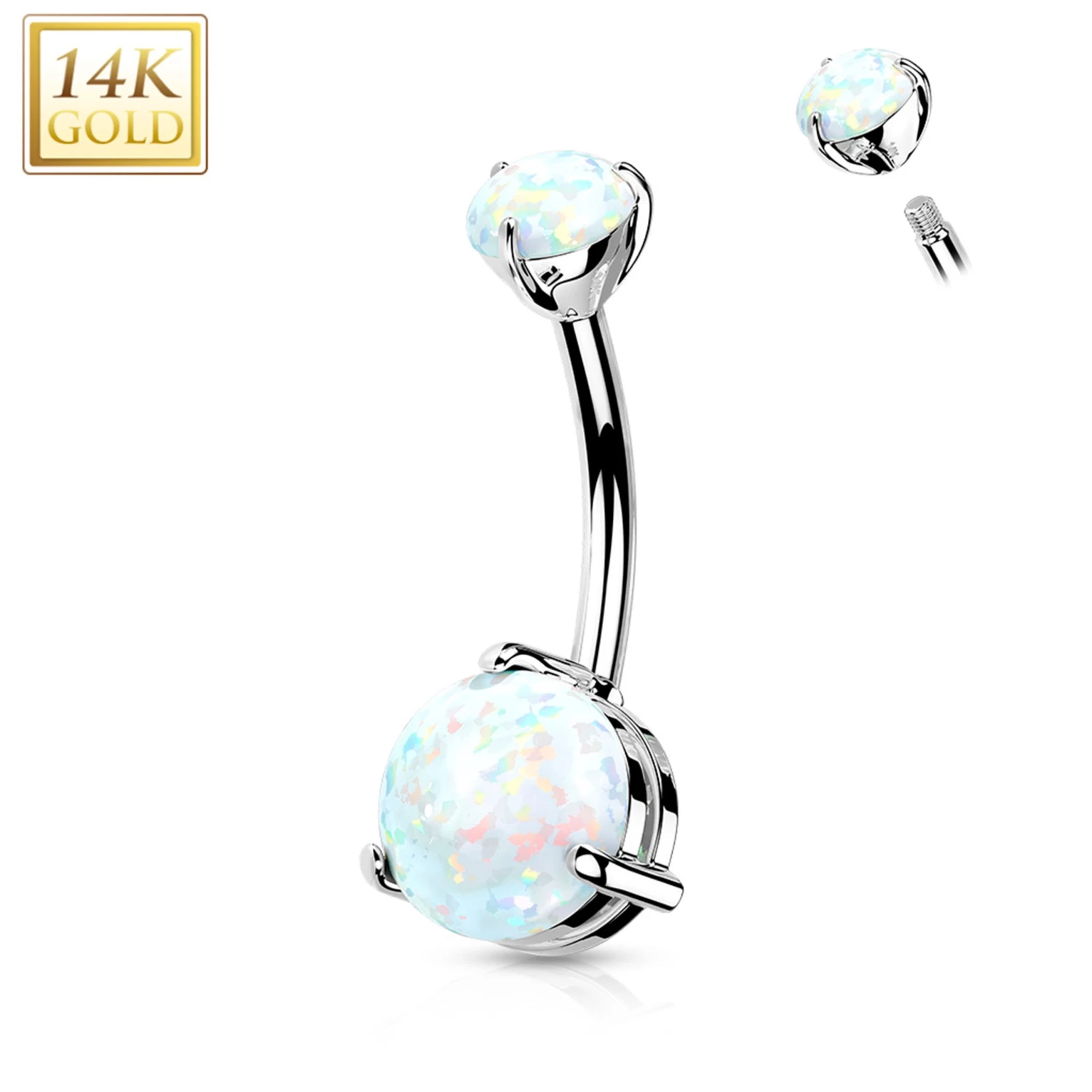 14kt Solid White Gold Double Prong Set Synthetic Opal Belly Ring 1 14kt Solid White Gold Double Prong Set Synthetic Opal Belly Ring