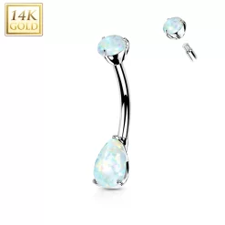 14kt Solid White Gold Double Prong Set Teardrop Synthetic Opal Belly Ring