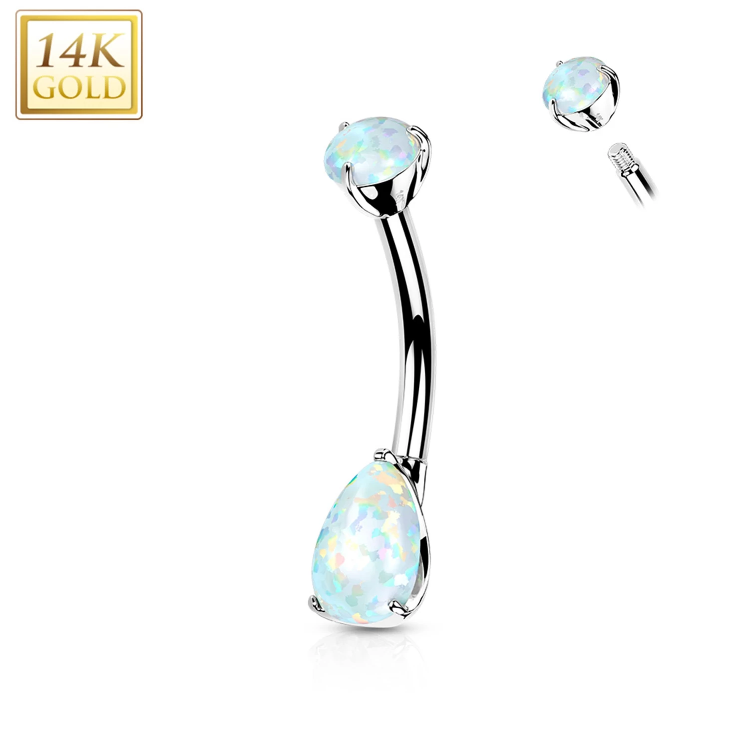14kt Solid White Gold Double Prong Set Teardrop Synthetic Opal Belly Ring 1 14kt Solid White Gold Double Prong Set Teardrop Synthetic Opal Belly Ring