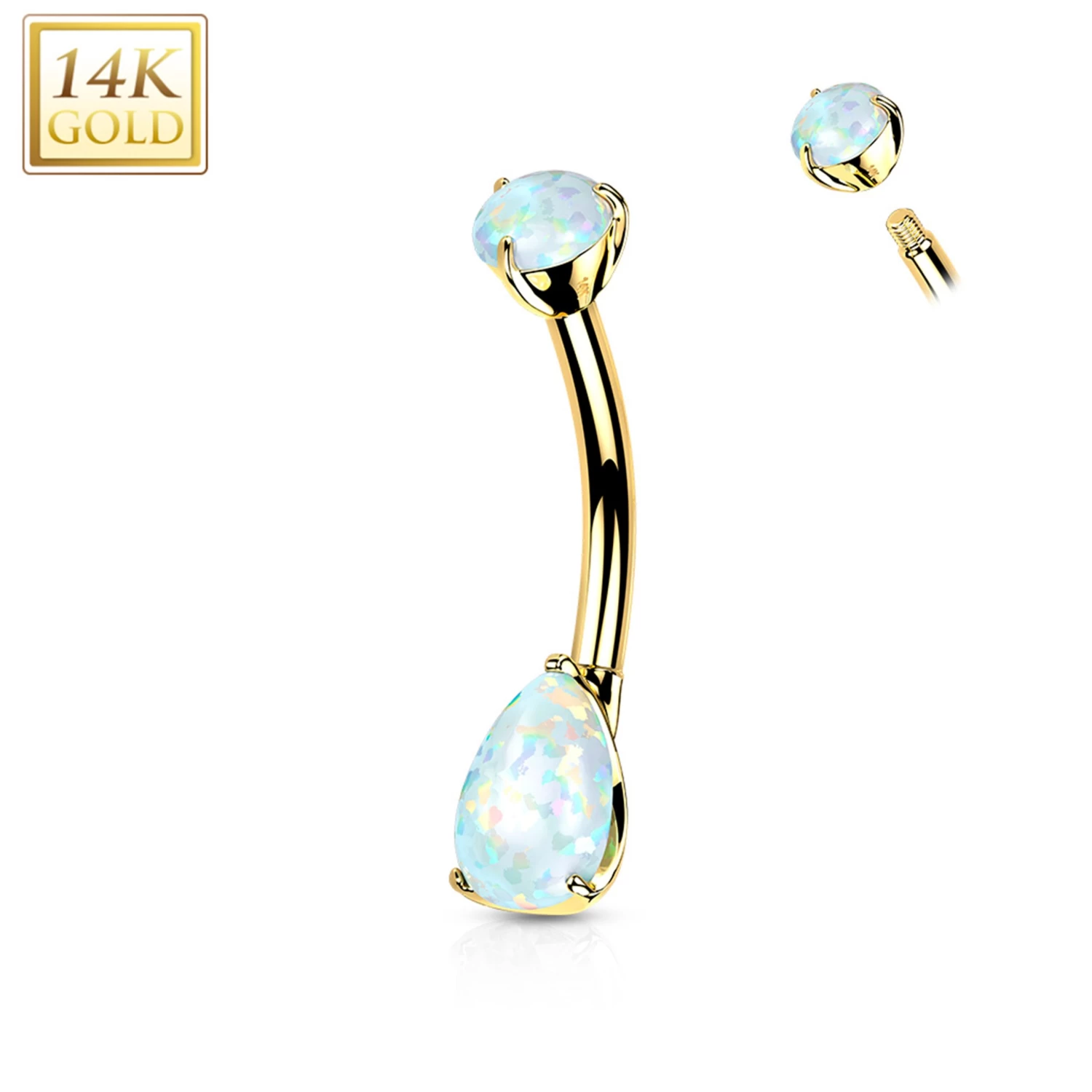 14kt Solid Yellow Gold Double Prong Set Teardrop Synthetic Opal Belly Ring 1 14kt Solid Yellow Gold Double Prong Set Teardrop Synthetic Opal Belly Ring