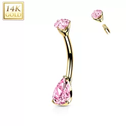 14kt Solid Yellow Gold Double Prong Set Pink Teardrop Cubic Zirconia Belly Ring
