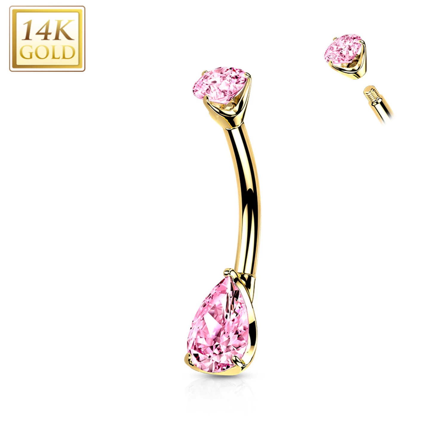 14kt Solid Yellow Gold Double Prong Set Pink Teardrop Cubic Zirconia Belly Ring 1 14kt Solid Yellow Gold Double Prong Set Pink Teardrop Cubic Zirconia Belly Ring