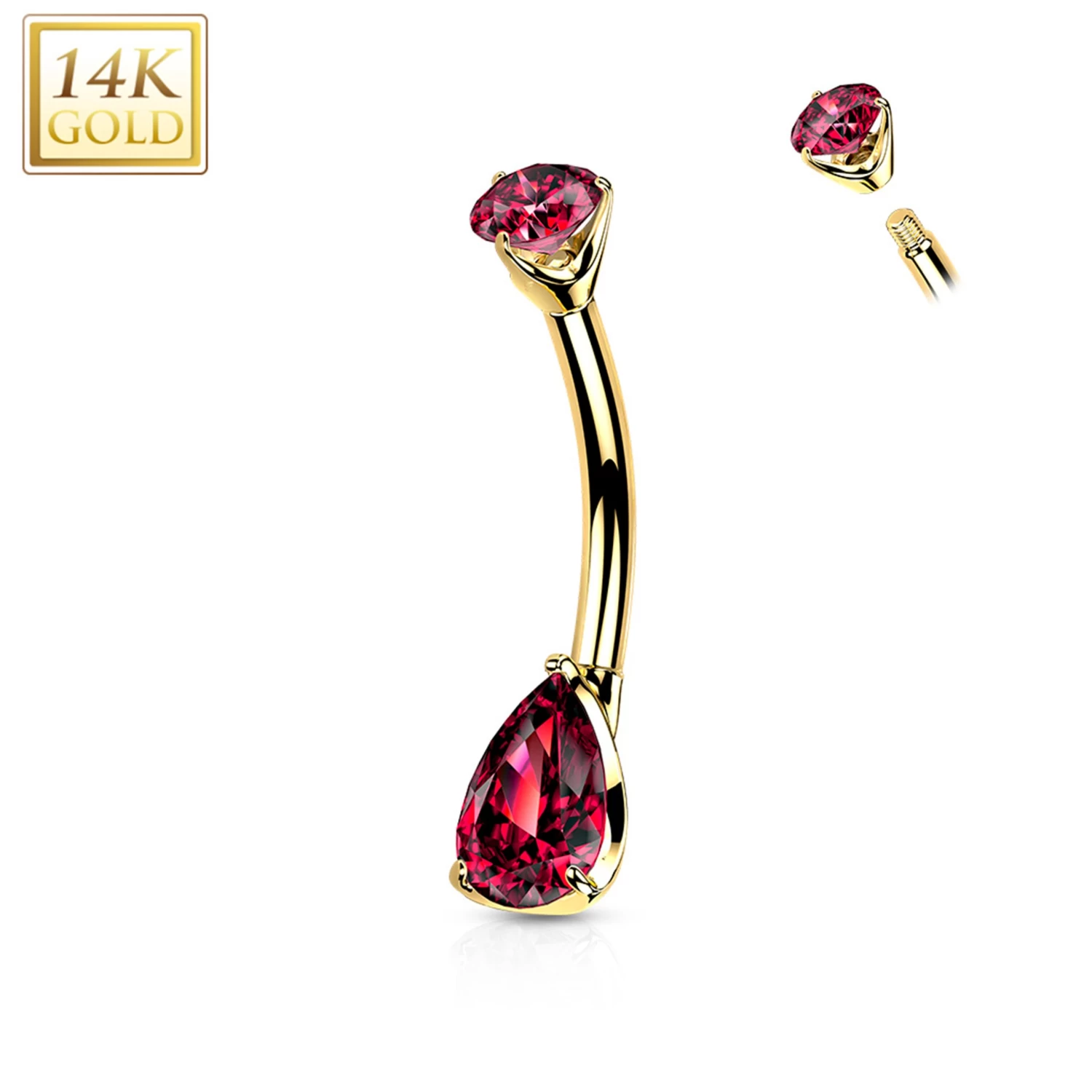 14kt Solid Yellow Gold Double Prong Set Red Teardrop Cubic Zirconia Belly Ring 1 14kt Solid Yellow Gold Double Prong Set Red Teardrop Cubic Zirconia Belly Ring