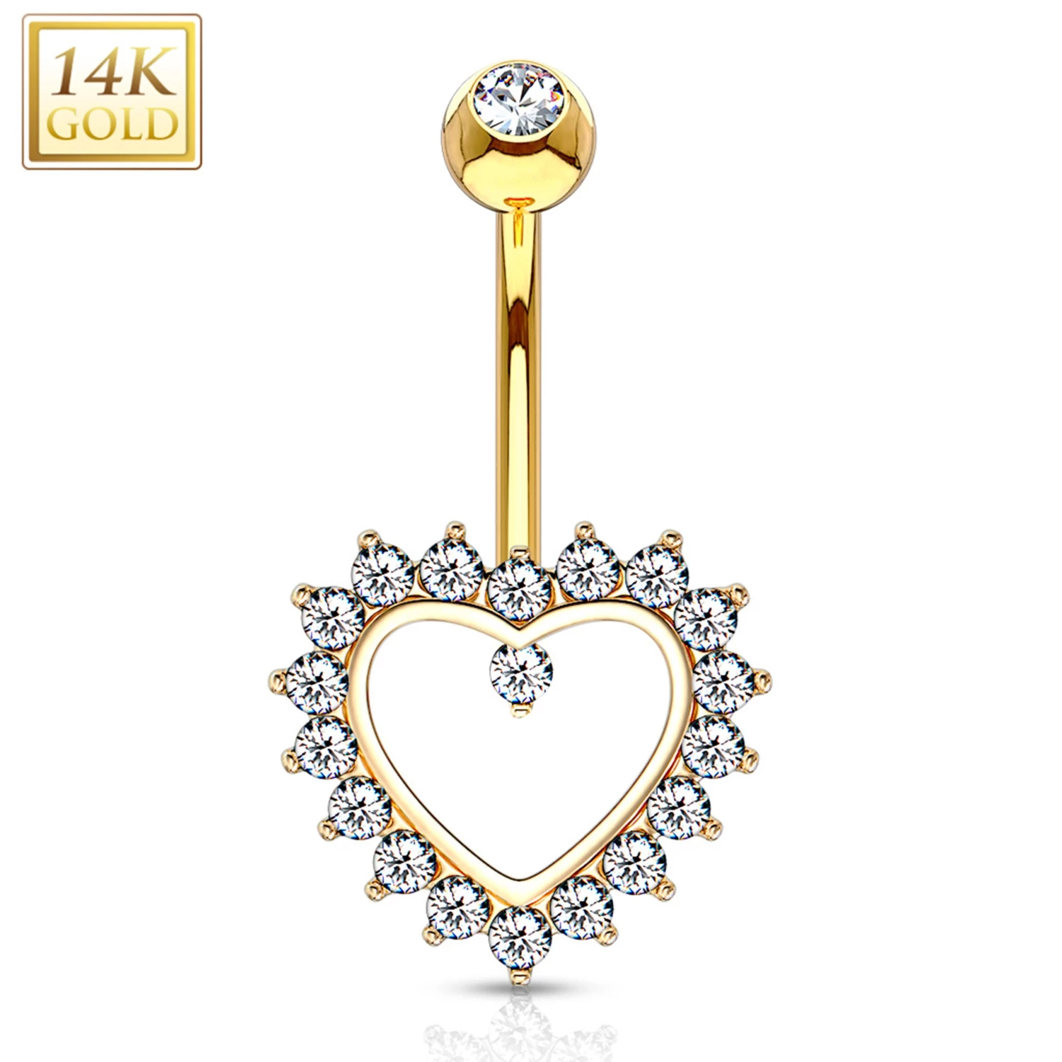 14kt Solid Yellow Gold Cubic Zirconia Paved Hollow Heart Belly Ring 1 14kt Solid Yellow Gold Cubic Zirconia Paved Hollow Heart Belly Ring