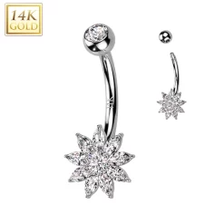 14kt Solid White Gold Cubic Zirconia Floral Flower Belly Ring