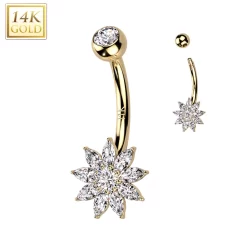 14kt Solid Yellow Gold Cubic Zirconia Floral Flower Belly Ring