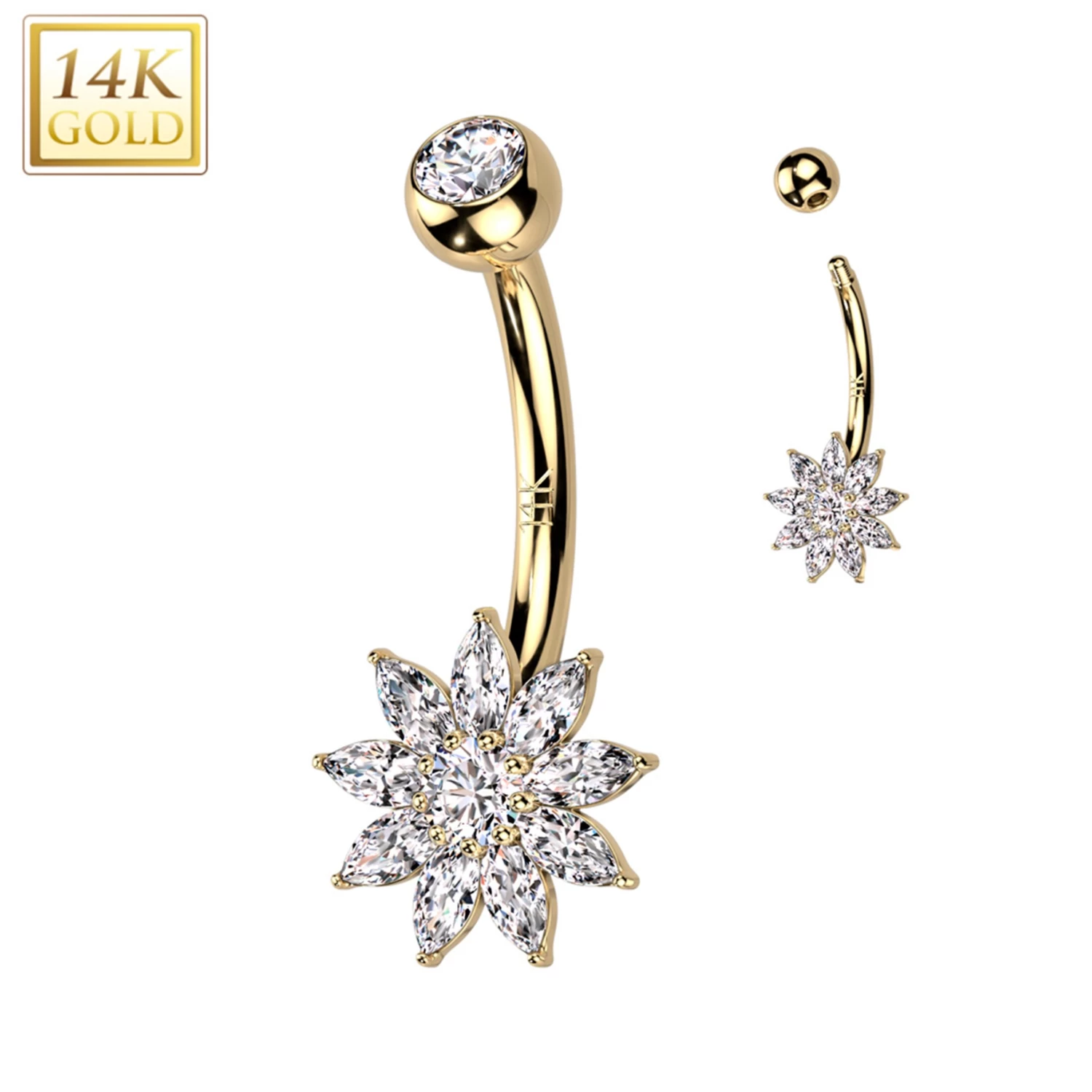 14kt Solid Yellow Gold Cubic Zirconia Floral Flower Belly Ring 1 14kt Solid Yellow Gold Cubic Zirconia Floral Flower Belly Ring