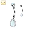 14kt Solid White Gold CZ Synthetic Opal Deco Tear Drop Belly Ring