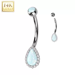 14kt Solid White Gold CZ Synthetic Opal Deco Tear Drop Belly Ring