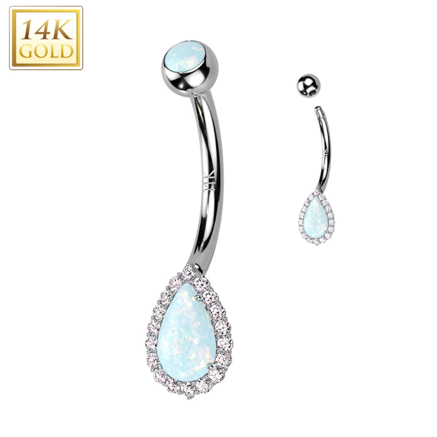 14kt Solid White Gold CZ Synthetic Opal Deco Tear Drop Belly Ring 1 14kt Solid White Gold CZ Synthetic Opal Deco Tear Drop Belly Ring
