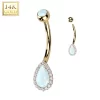 14kt Solid Yellow Gold CZ Synthetic Opal Deco Tear Drop Belly Ring