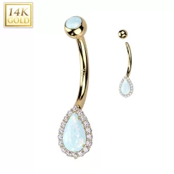 14kt Solid Yellow Gold CZ Synthetic Opal Deco Tear Drop Belly Ring