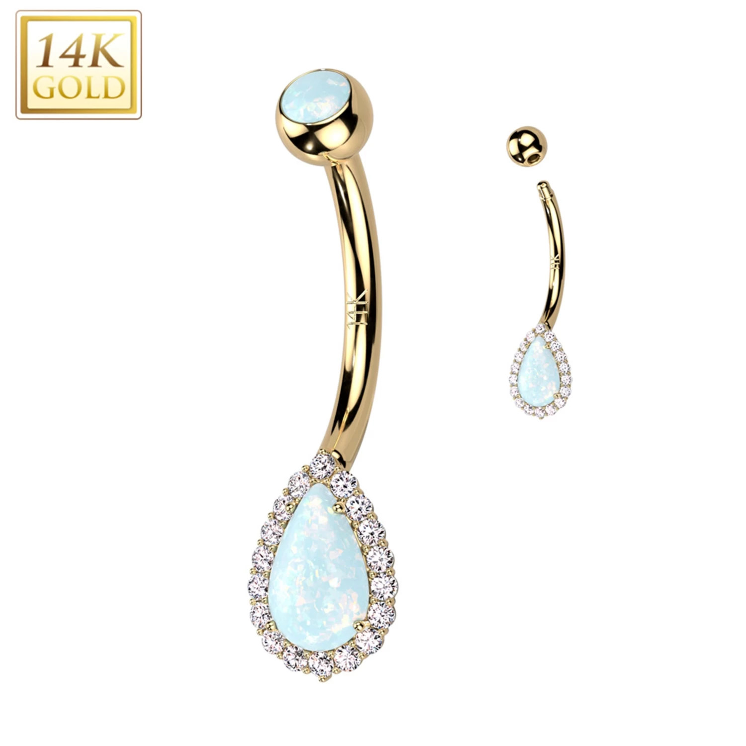 14kt Solid Yellow Gold CZ Synthetic Opal Deco Tear Drop Belly Ring 1 14kt Solid Yellow Gold CZ Synthetic Opal Deco Tear Drop Belly Ring