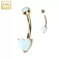 14kt Solid Yellow Gold 6mm Synthetic Opal Heart Belly Ring