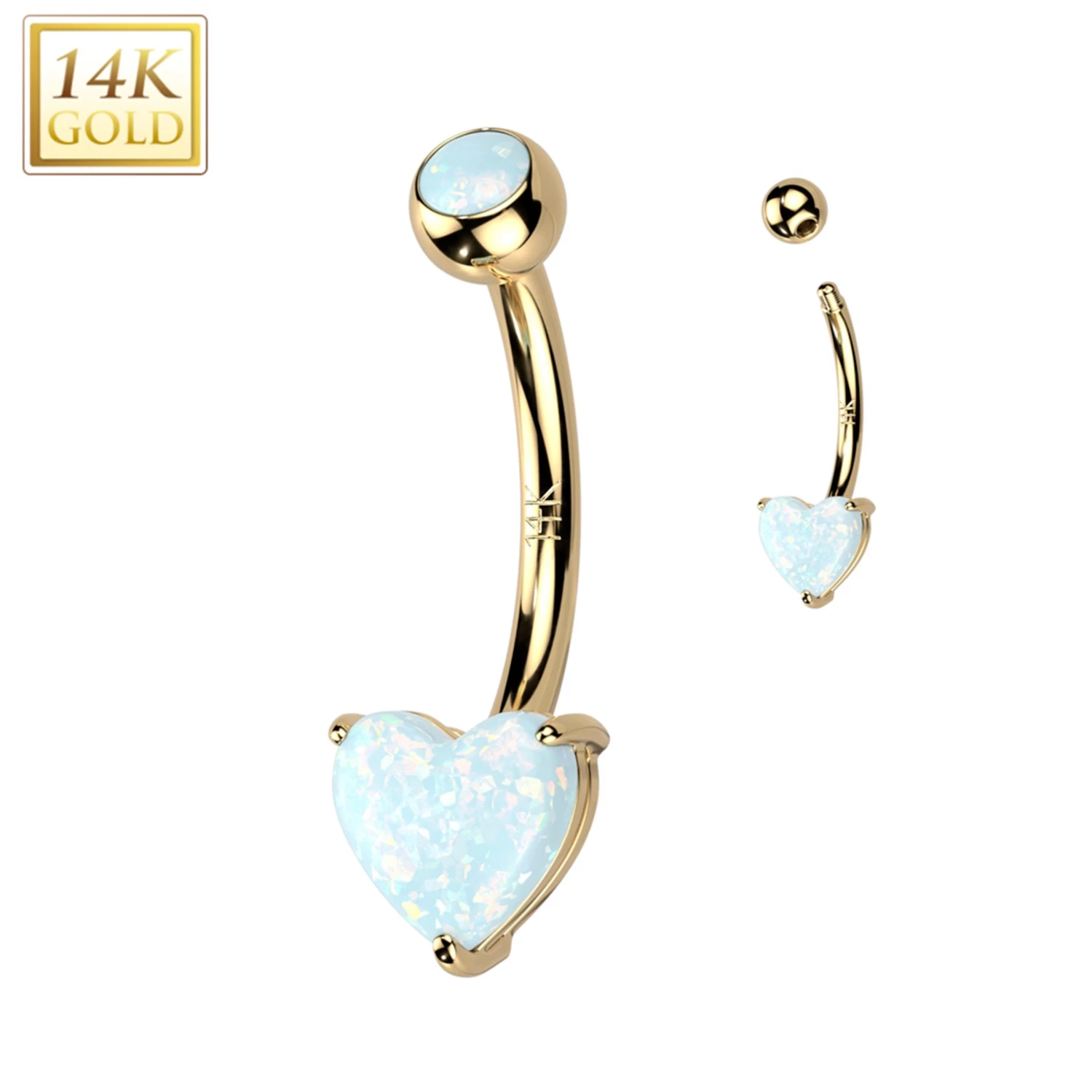 14kt Solid Yellow Gold 6mm Synthetic Opal Heart Belly Ring 1 14kt Solid Yellow Gold 6mm Synthetic Opal Heart Belly Ring