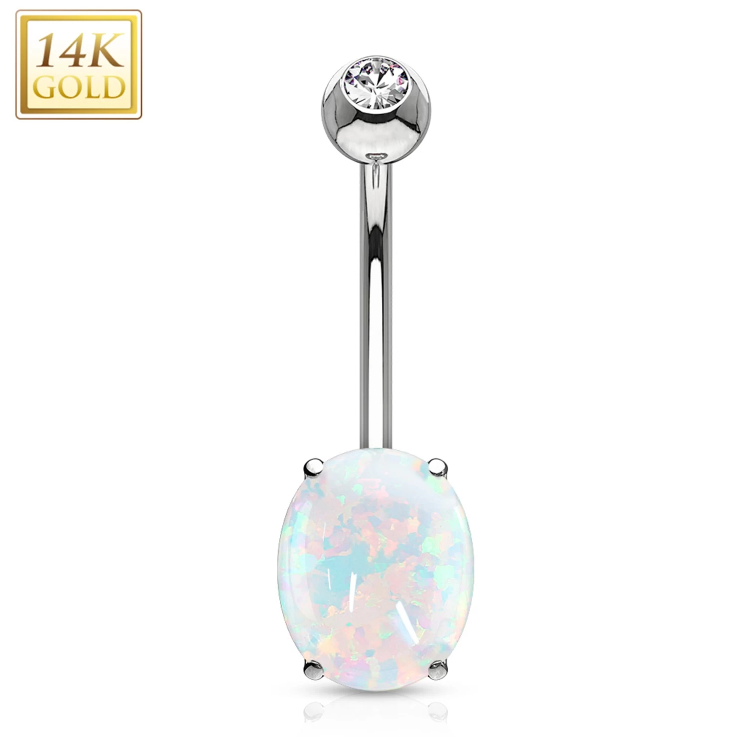 14kt Solid White Gold 8mm Oval Synthetic Opal Belly Ring 1 14kt Solid White Gold 8mm Oval Synthetic Opal Belly Ring