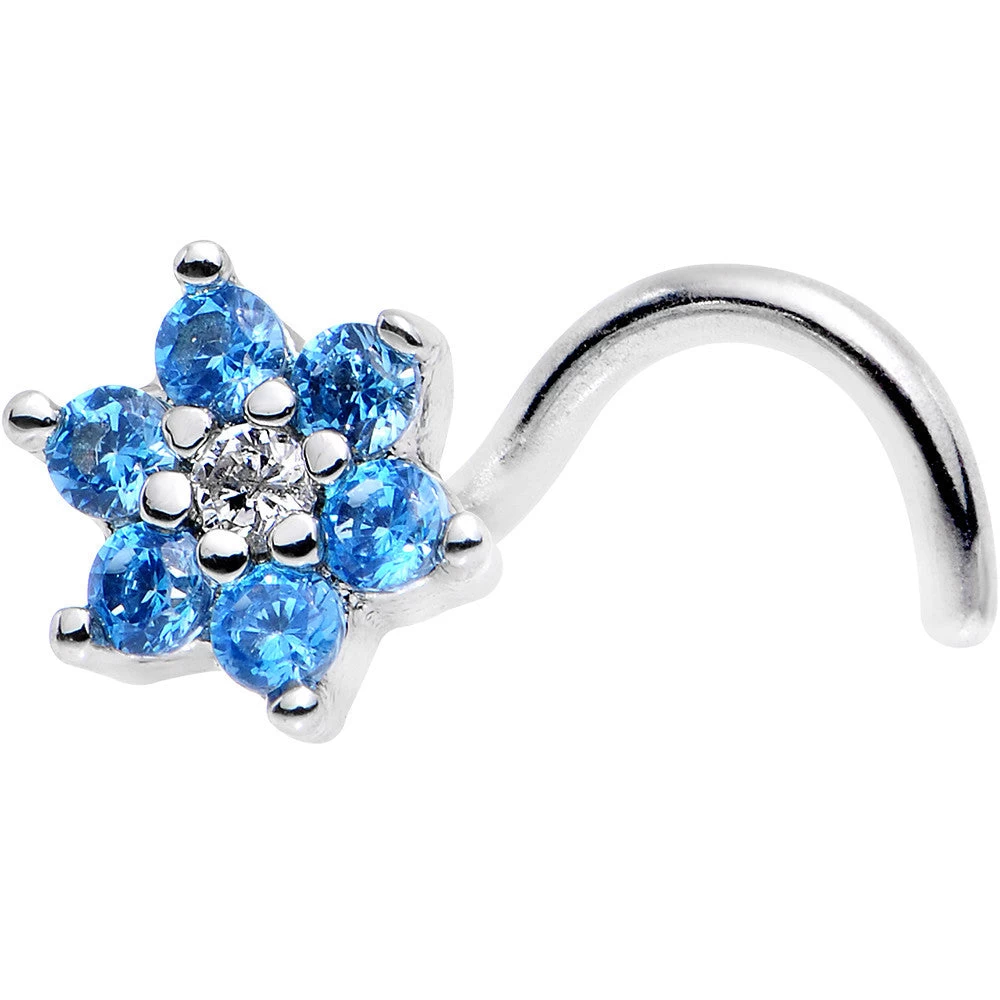 Gaby 18 Gauge 1/4 Aqua Blue And Clear CZ Gem Flower Left Nose Screw 2 Gaby 18 Gauge 1/4 Aqua Blue And Clear CZ Gem Flower Left Nose Screw - Image 2