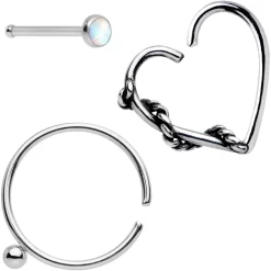 20 Gauge White Faux Opal Nose Bone Heart Closure Ring Pack Set Of 3