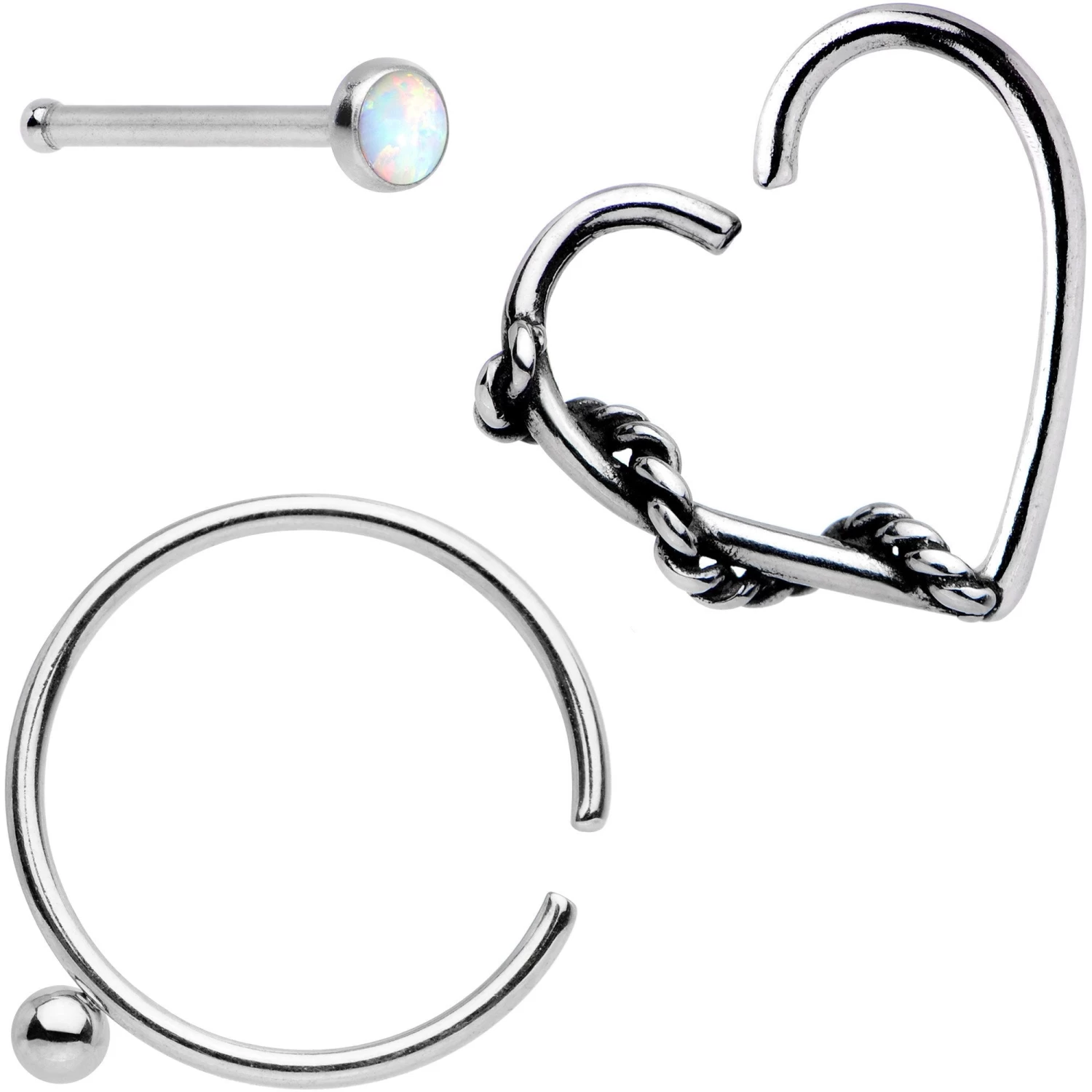 20 Gauge White Faux Opal Nose Bone Heart Closure Ring Pack Set Of 3 1 20 Gauge White Faux Opal Nose Bone Heart Closure Ring Pack Set Of 3