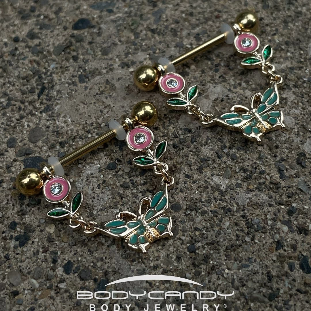14 Gauge 9/16 Clear Gem Gold Tone Butterfly Flower Nipple Ring Set 2 14 Gauge 9/16 Clear Gem Gold Tone Butterfly Flower Nipple Ring Set - Image 2